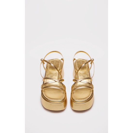 Gold PU Strappy Cut Out Flatform Sandals