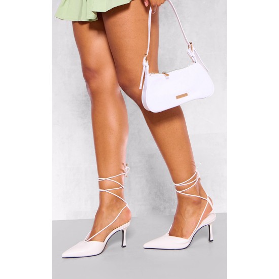 Wide Fit White PU Point Toe Lace Up Heeled Court