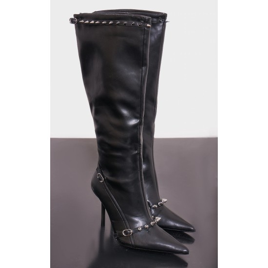 Black Spike Detail Point Toe Knee Boots