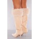 Camel Wide Fit Faux Suede Point Toe Faux Trim Knee High Heeled Boots