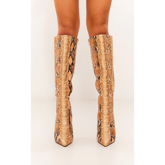 Snake Print PU Point Toe Knee High Heeled Boots