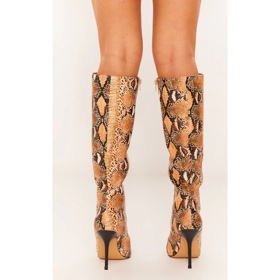 Snake Print PU Point Toe Knee High Heeled Boots