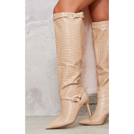 Cream Croc PU Point Toe Ring Detail Knee High Heeled Boots