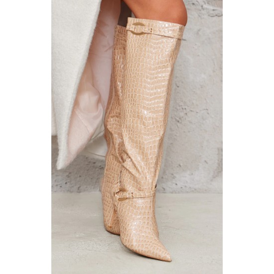 Cream Croc PU Point Toe Ring Detail Knee High Heeled Boots