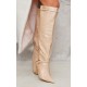 Cream Croc PU Point Toe Ring Detail Knee High Heeled Boots