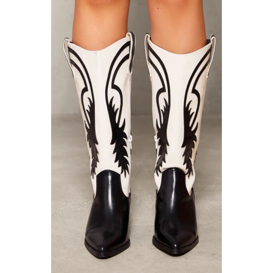 Monochrome Contrast Pu Point Toe Knee High Western Boots