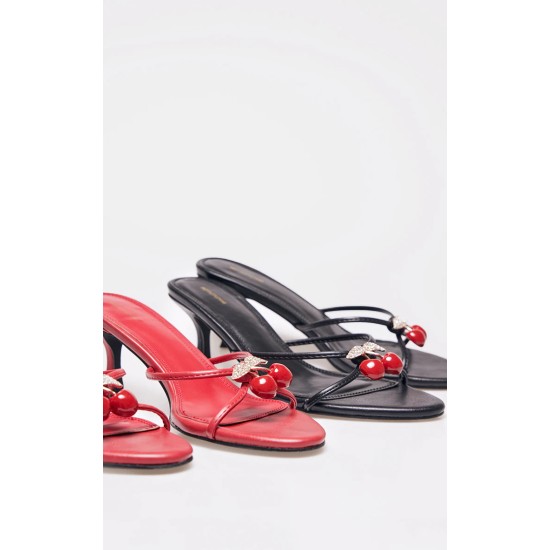 Red PU Round Toe Cherry Trim Heeled Mules