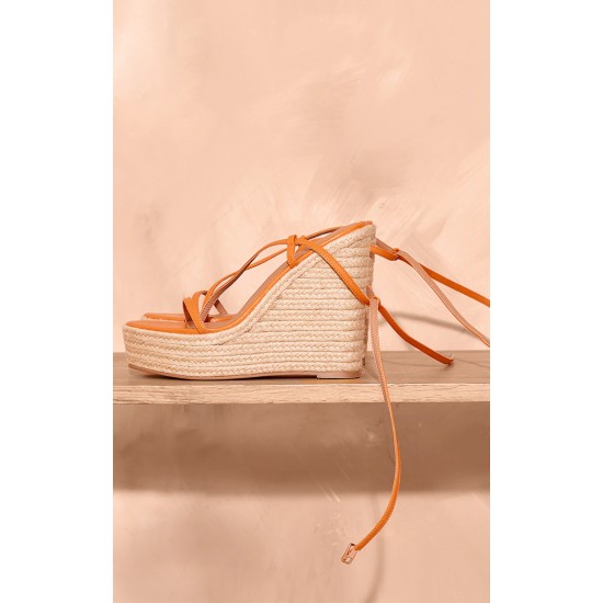 Orange PU Round Toe Asymmetric Strap Espadrille High Wedges