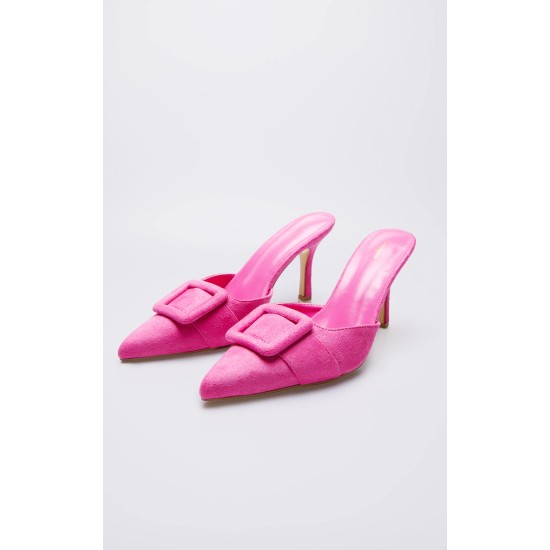 Pink Faux Suede Wide Fit Buckle Point Toe Heeled Mules