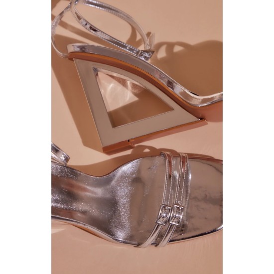 Silver Mirror Square Cut Out Wedge Heel Double Buckle Strap Sandals