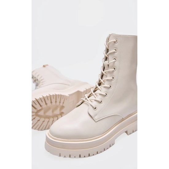 Cream Lace Up Chunky Boots