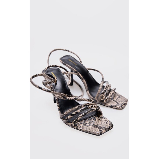 Snake PU Square Toe Asymmetric Tube Strap Heeled Sandal