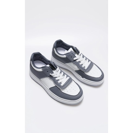 White and Grey Pu Contrast Chunky Sole Lace Up Sneakers