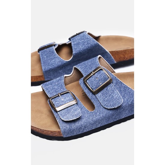 Indigo Printed Denim Buckle Strap Slides