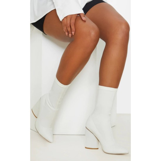 White Chunky Block Heel Sock Boot