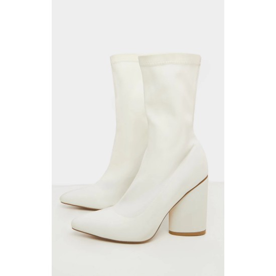 White Chunky Block Heel Sock Boot