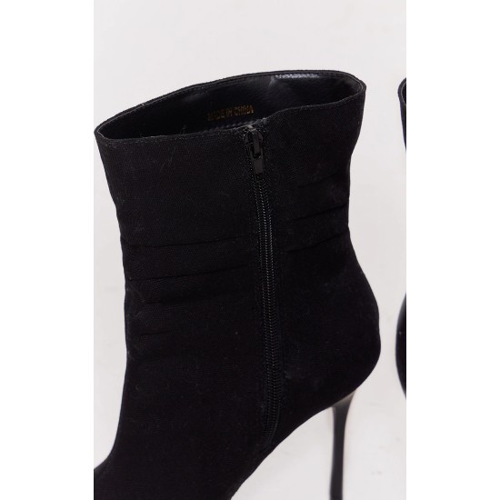 Black Woven Point Toe Ruched Heeled Ankle Boots