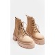 Tan PU Round Toe Lace Up Chunky Ankle Boots