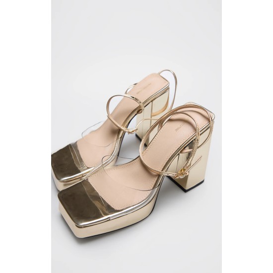 Gold PU Perspex Strap Platform Heeled Sandal