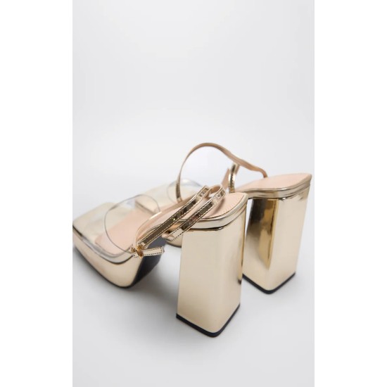 Gold PU Perspex Strap Platform Heeled Sandal