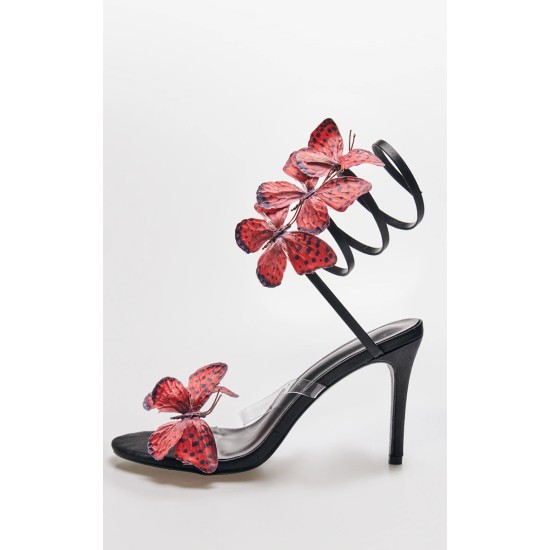 Black Satin Round Toe Butterfly Spiral Strap High Heeled Sandals