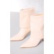 Cream PU Point Toe Fold Over Low Heeled Ankle Boots