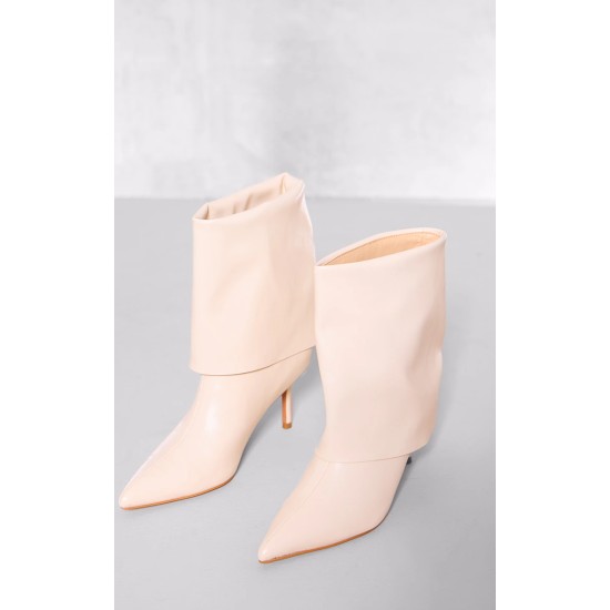 Cream PU Point Toe Fold Over Low Heeled Ankle Boots