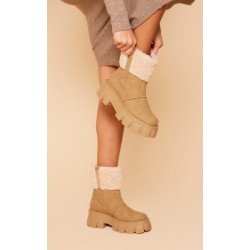 Camel Wide Fit Faux Suede Shearling Chunky Platform Ankle Boots