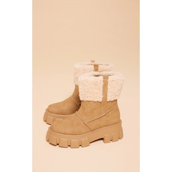 Camel Wide Fit Faux Suede Shearling Chunky Platform Ankle Boots