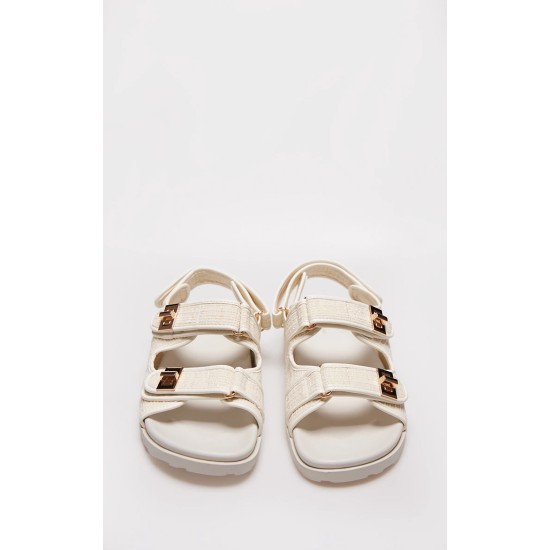 Beige Textured Round Toe Buckled Sling Back Footbed Sandals