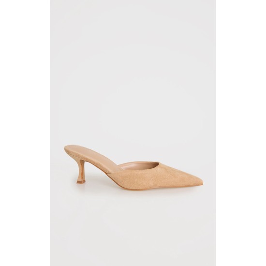 Beige Faux Suede Point Toe Mid Stiletto Heeled Mules