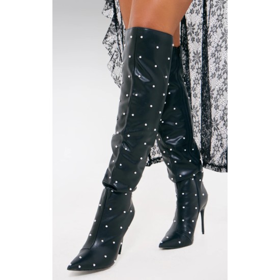 Black PU Point Toe Silver Stud Over The Knee High Stiletto Heeled Boots