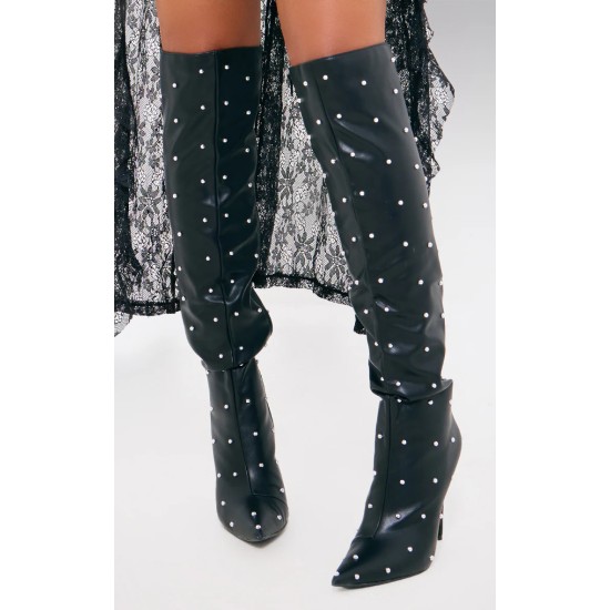 Black PU Point Toe Silver Stud Over The Knee High Stiletto Heeled Boots