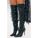 Black PU Point Toe Silver Stud Over The Knee High Stiletto Heeled Boots