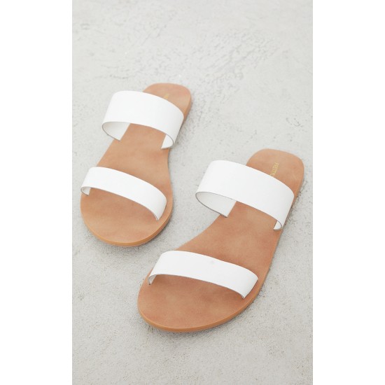 White Twin Strap Basic Real Leather Sandals