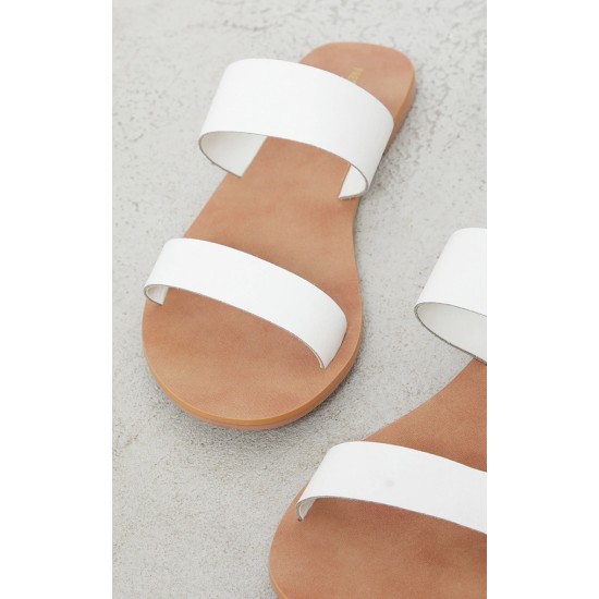 White Twin Strap Basic Real Leather Sandals