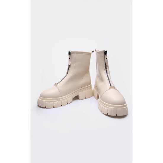 Cream Ribbed Chunky Sole Zip Up Ankle Boots