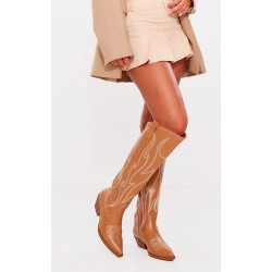 Tan PU Point Toe Western Knee High Boots