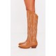 Tan PU Point Toe Western Knee High Boots