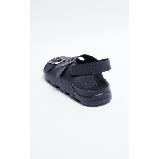 Black Rubber Chunky Sole Buckle Detail Sling Back Sandals