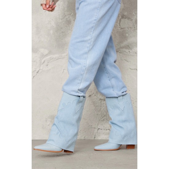 Blue Denim Point Toe Block Heel Fold Over Western Boot