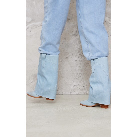 Blue Denim Point Toe Block Heel Fold Over Western Boot