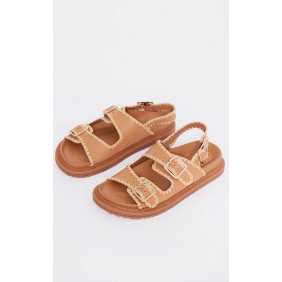 Tan Crochet Detail Buckle Sandals