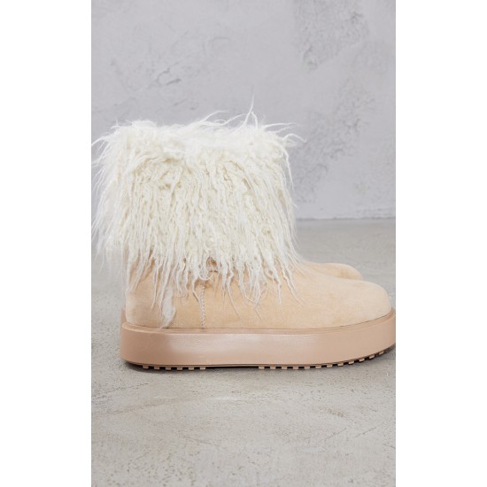 Cream Faux Suede Contrast Faux Fur Ankle Boot