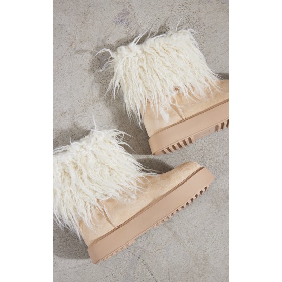 Cream Faux Suede Contrast Faux Fur Ankle Boot