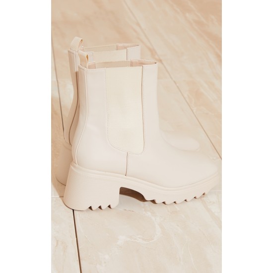 Cream Matte PU Chelsea Heeled Ankle Boots