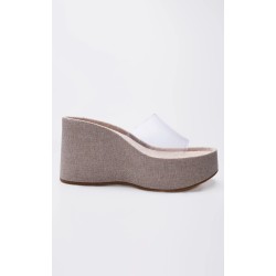 Beige Linen Look Perspex Round Toe Heeled Wedges