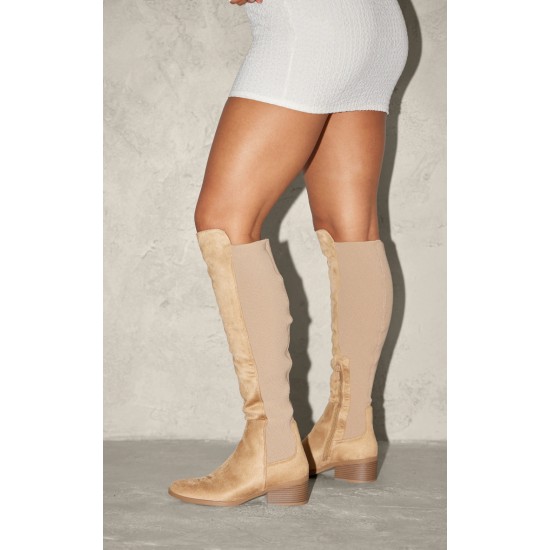 Beige Faux Suede Point Toe Low Block Heeled Knee High Boots