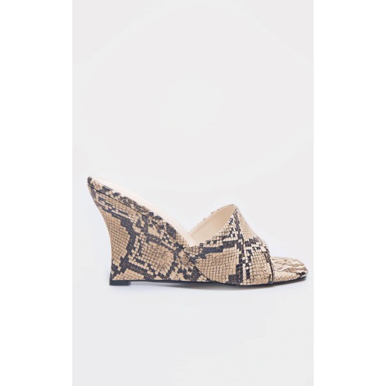 Snake Print PU Square Toe Wedge Heeled Sandals