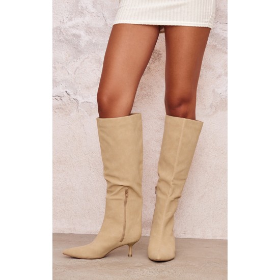 Camel Faux Nubuck Point Toe Low Heel Knee High Boots